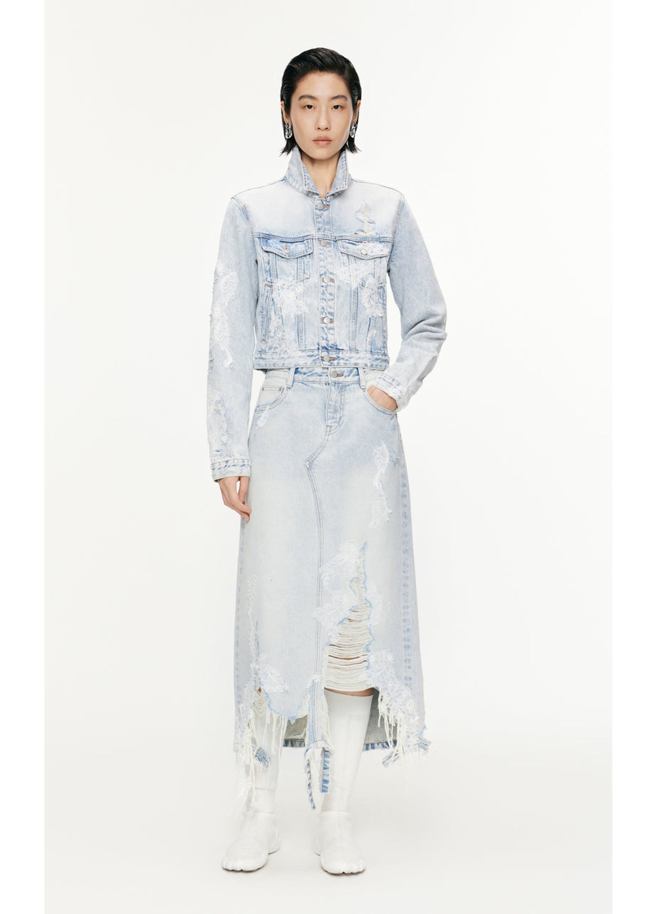 veste en jean patchwork en dentelle