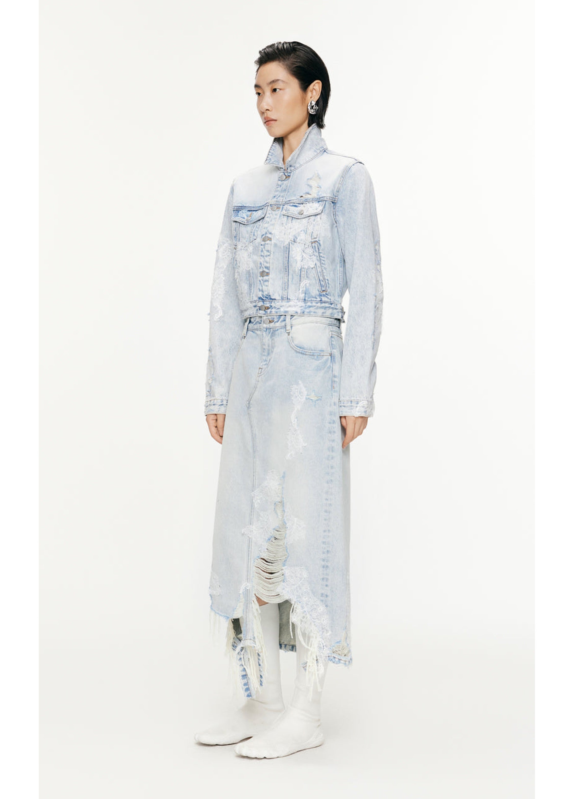 veste en jean patchwork en dentelle