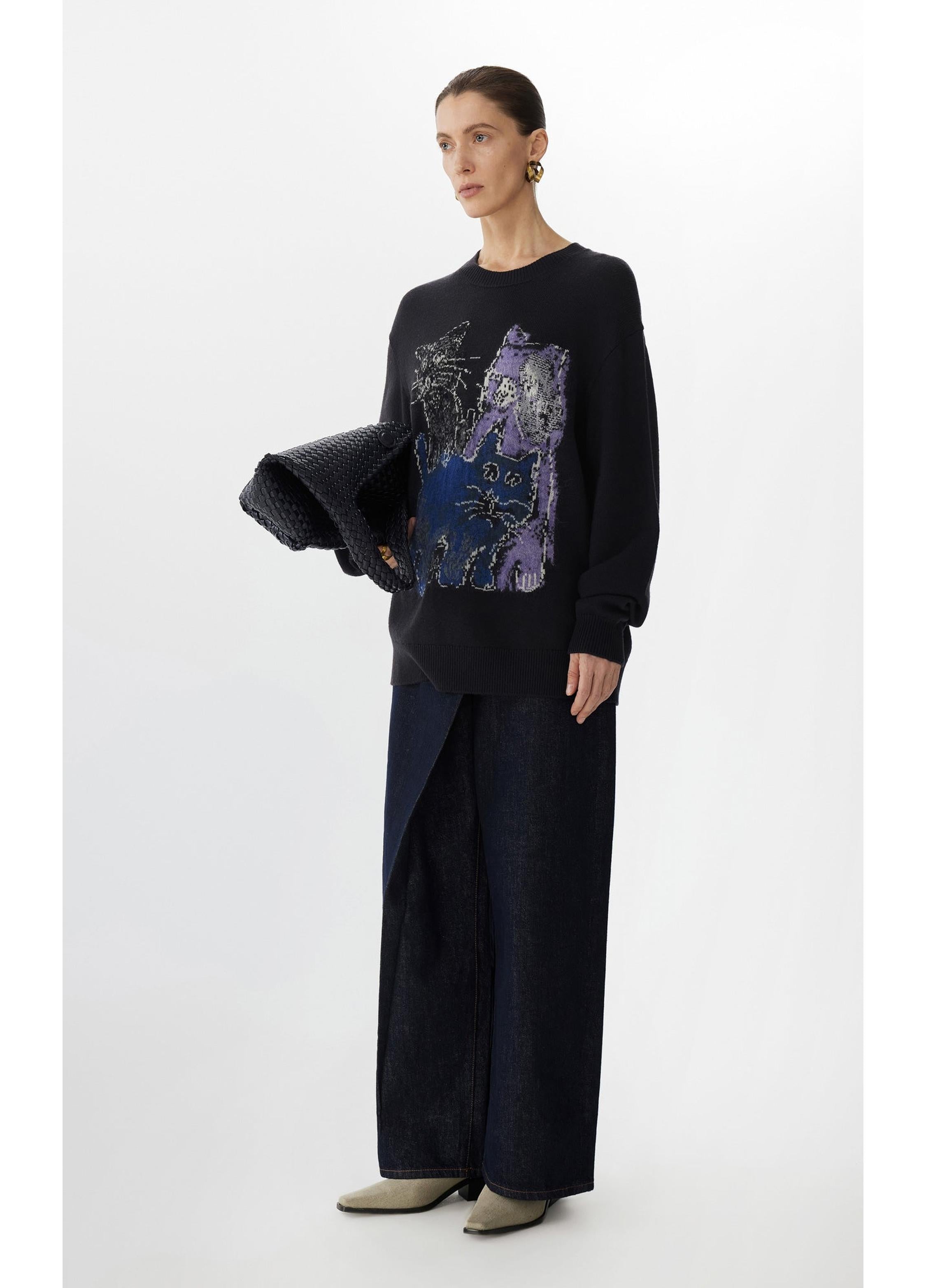 Pull à manches longues ample à imprimé chat