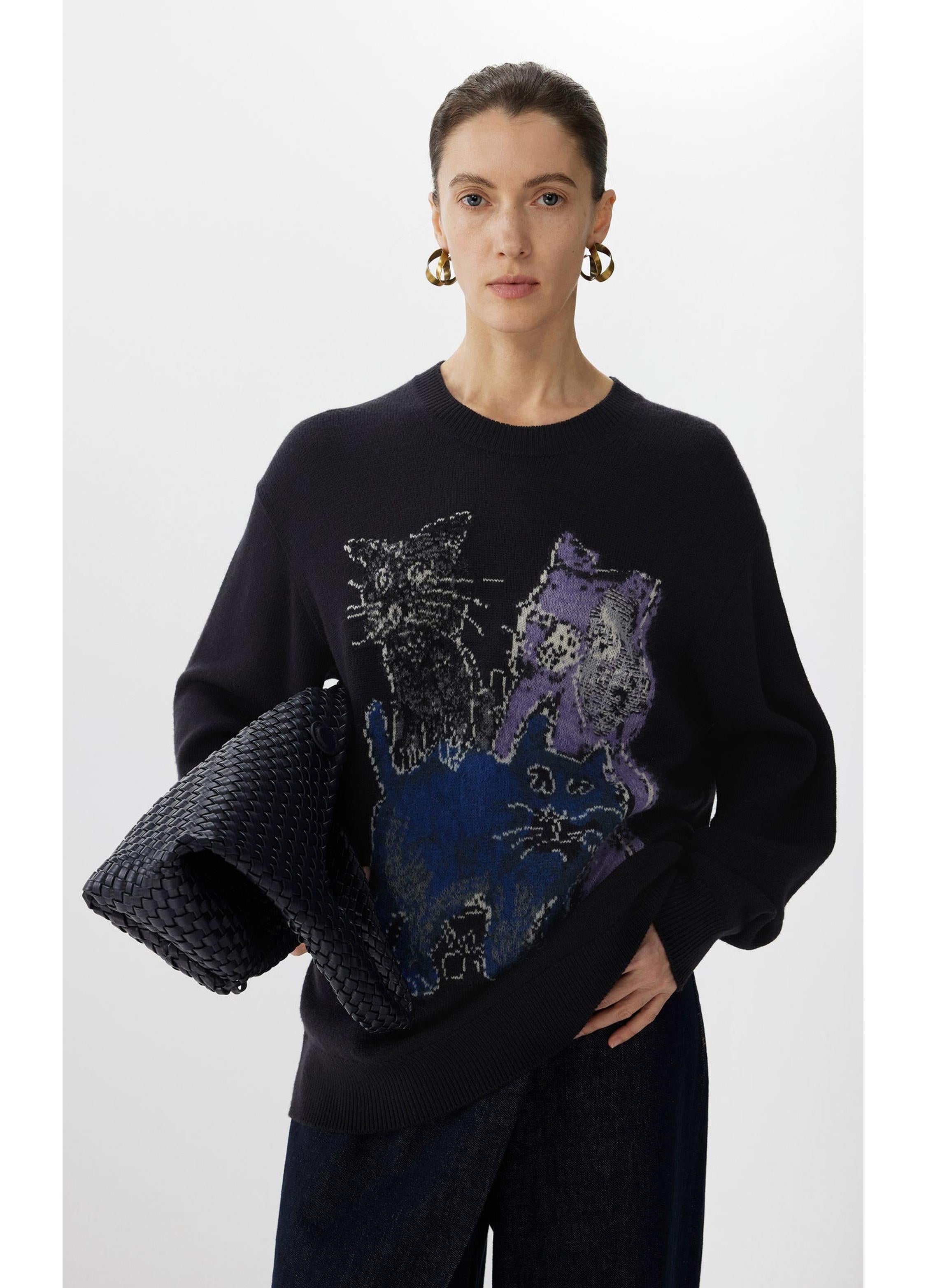 Pull à manches longues ample à imprimé chat