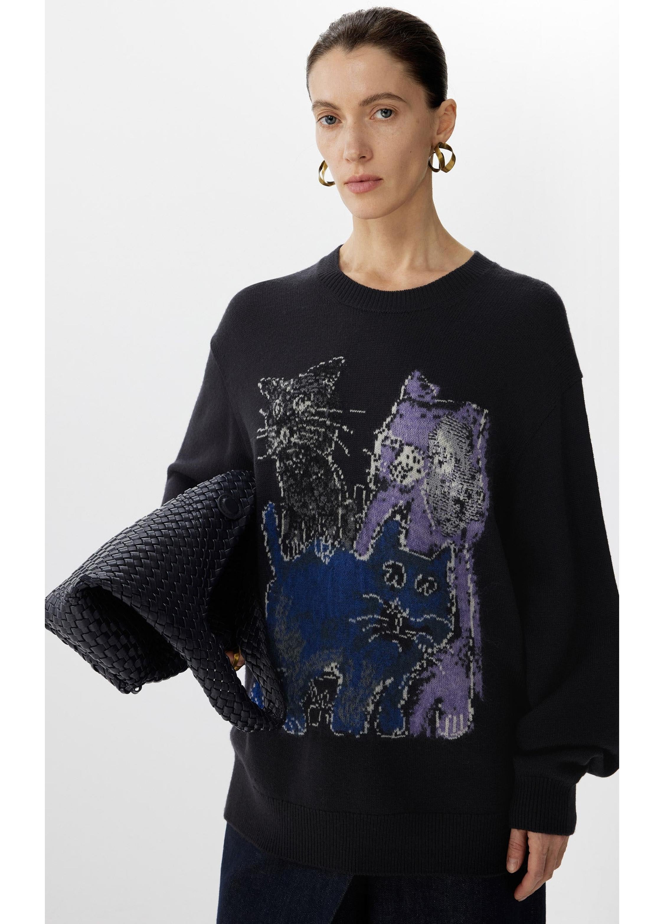 Pull à manches longues ample à imprimé chat