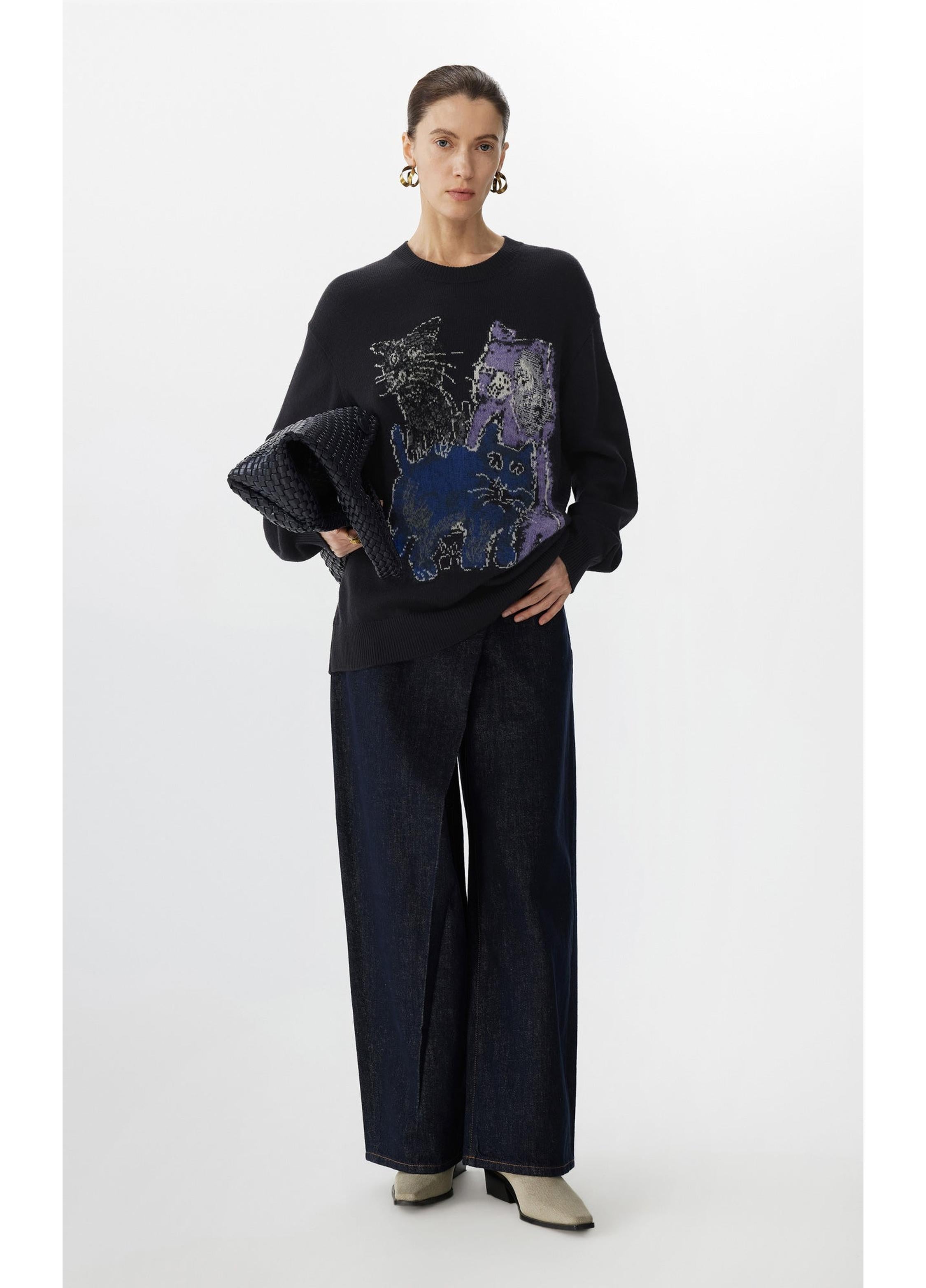 Pull à manches longues ample à imprimé chat